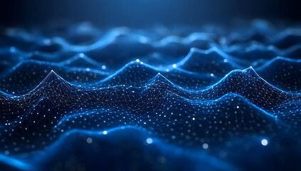 Poster - A mesmerizing digital landscape depicting waves of luminous blue particles, representing innovation and modern technology.