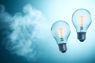 Wall Mural - Two light bulbs glowing amid a misty background, symbolizing the spark of ideas and innovation in technology and creativity.