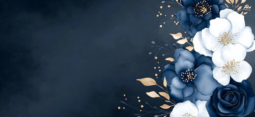 Poster - Elegant floral design featuring white and blue flowers with a dark background, perfect for backgrounds and decorative elements.