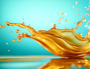 Poster - A vibrant splash of golden liquid creating dynamic shapes against a turquoise background, capturing energy and motion.