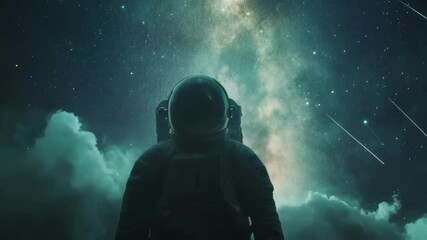 Poster - majestic astronaut stands amidst ethereal clouds, gazing at the mesmerizing spectacle of shooting st