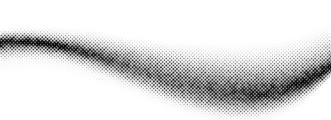 Poster - Black halftone wave background. Dotted curved flow wallpaper. Abstract grainy fluid backdrop texture. Vector grit pop art swoosh element for poster, banner, overlay, template, brochure, flyer, leaflet