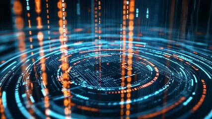 Abstract binary code rotating on electronic motherboard background animation