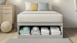© Pannee - Neutral-toned kids' room with an open underbed drawer revealing neatly stacked diapers and toys