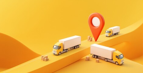 Poster - Yellow cargo trucks and boxes with a red location pin in a creative graphic style on a yellow abstract background, symbolizing delivery and logistics concept. Ai generative