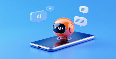 Aufkleber - Orange AI chatbot robot popping out from smartphone with speech bubbles, futuristic digital communication concept on blue background. Ai generative