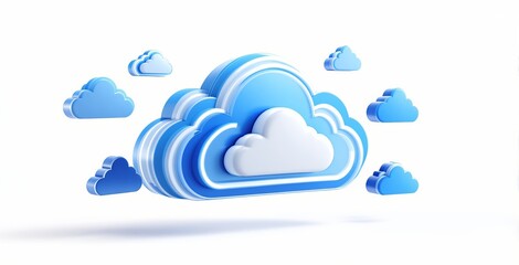 Fototapete - Multiple blue cloud icons in a digital art style on a white background, symbolizing cloud computing technology and data storage concept. Ai generative