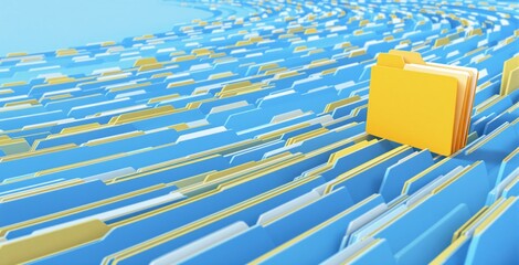 Poster - Yellow folder standing out in a sea of blue folders in a wave pattern, digital art style on a light blue background, concept of data organization. Ai generative
