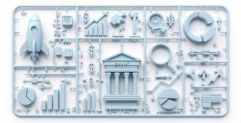 Poster - Financial symbols like bank, charts, rocket, and graphs in pastel blue plastic style on white background. Concept of economy, banking, and creative finance. Ai generative