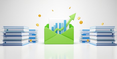 Poster - Green envelope with upward bar chart, gold coins, and book stacks on white background, creative graphic style, concept of financial growth and education. Ai generative
