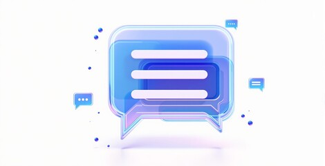 Poster - Transparent chat bubbles with minimal lines and small speech icons in blue tones on white background, concept of digital communication and interaction, Ai generative