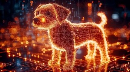 Poster - Digital Dog: Cyberpunk Pet in a Futuristic Wireframe.  Neon Lights and Circuit Board Background
