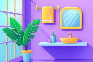 Poster - A bright and colorful cartoon depiction of a modern bathroom