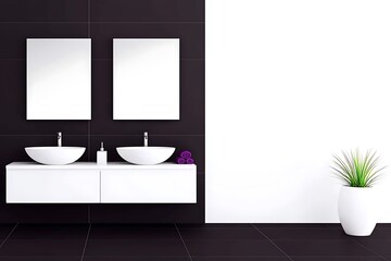 Poster - A modern bathroom featuring sinks mirrors and a simple plant