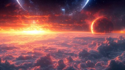 Wall Mural - Fiery Sunset Over a Cloud Sea with a Burning Planet