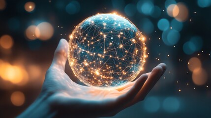 Poster - Hand Holding a Glowing Sphere Representing Global Connectivity and Technology at Twilight