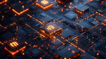 Poster - Close-up View of Glowing Computer Processors Arranged in a Circuit Board Pattern at Night