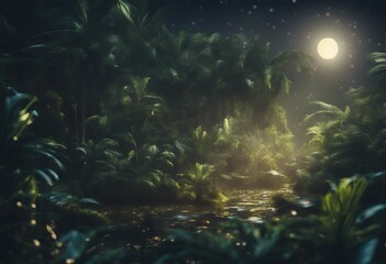 Wall Mural - jungle the magical moonlight illustration waterfall dramatic tree branch paradise neon ai lake elega