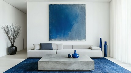 Poster - Modern living room interior displaying minimalist design with blue accents