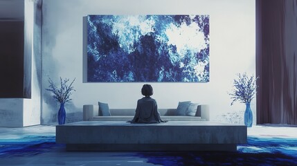 Poster - A person contemplates an abstract painting in a serene room