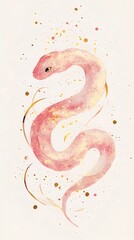 Poster - Pink Watercolor Snake Illustration with Gold Accents on White Background