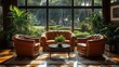 © zeitgenstd - Sunlit Lounge: Luxurious Leather Chairs Facing Serene Garden View