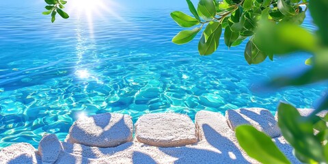serene turquoise water meets sunny shore rocks