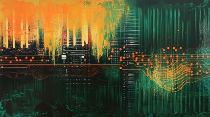 Poster - Abstract digital landscape with circuit board and colorful hues