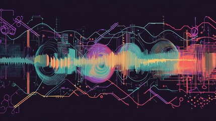 Poster - Abstract depiction of sound waves with electronic circuit patterns