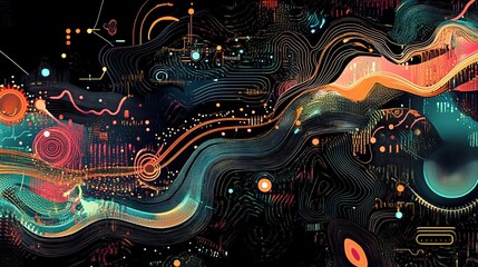 Poster - An abstract illustration depicting intricate circuits and colorful flowing lines
