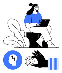 Poster - woman using a laptop seated near plants, with icons of financial transaction, personal growth, and p