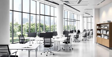Poster - Spacious modern office interior with panoramic windows, minimalist furniture, white background, concept of professional creative workspace, Ai generative