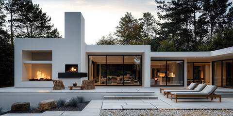 Poster - Modern house with clean lines, large windows, and cozy outdoor fireplace, surrounded by trees and serene landscape. inviting atmosphere creates perfect retreat