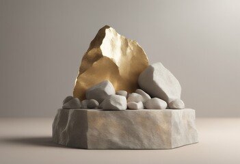 Aufkleber - showcase cosmetic display products background rock stone golden shape 3d podium mockup product rendering pastel platform premium branding shadow abstract empty three-dimensional concrete light
