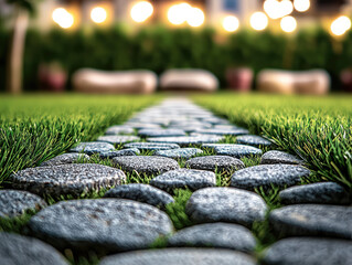 Poster - closeup view of stone pathway surrounded by lush green grass, creating serene outdoor atmosphere with soft lighting in background