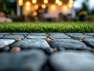 Poster - closeup of stone pathway with lush green grass, creating serene outdoor atmosphere. blurred background features warm lights, enhancing inviting ambiance of setting