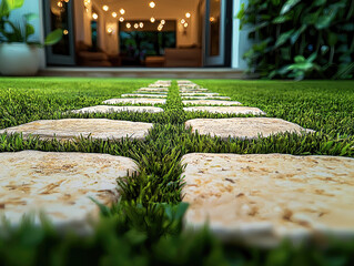 Poster - serene close up of well maintained lawn featuring stone pathways leading to cozy indoor space. vibrant green grass contrasts beautifully with light colored stones, creating welcoming atmosphere