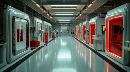 Aufkleber - Automated factory with robotic arms and illuminated workstations, showcasing advanced technology and futuristic design. environment is clean and organized, reflecting efficiency and innovation