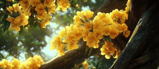 Sunlit yellow blossoms on tree branch, forest background, nature wallpaper
