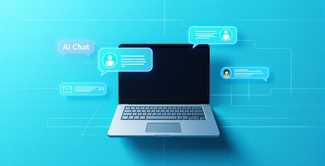 Poster - laptop with glowing ai chat bubbles and icons on futuristic blue background, digital communication a
