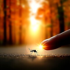 Poster - Ephemeral Encounter: A Tiny Mosquito Faces the Giant Finger in the Glowing Sunset Light