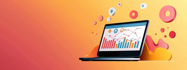 Poster - Colorful Business Data Presentation on Laptop Screen with Graphs