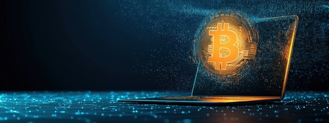 Poster - Digital Currency Concept with Bitcoin Symbol Emerging from Laptop
