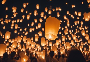 Poster - krathong peng release night s loy yi thailand traditional relics sky chiang lanna festival thai ceremony mai celebration floating lanterns buddha lamp background people worship travel trip holiday