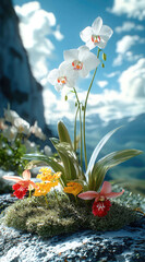 Poster - beautiful arrangement of white orchids and colorful flowers set against scenic mountainous backdrop, evoking sense of tranquility and natural beauty