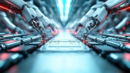 Poster - robotic arms in high-tech manufacturing environment with led lights