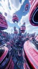 Poster - Futuristic Cityscape with Floating Pink Structures and Blue Sky