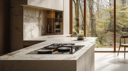 Poster - Modern kitchen design features sleek countertop with integrated cooking appliances, surrounded by large windows showcasing serene natural view. warm tones and textures create cozy atmosphere