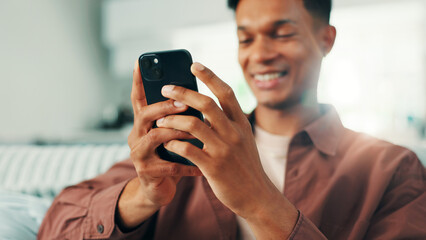 Poster - Online dating, hands and man with phone in house for social media application, subscription or search. Sign up, technology or male person with mobile message on sofa for post, chat and news website