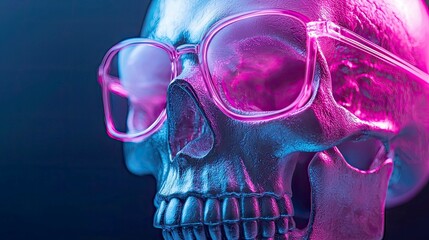 Poster - Neon Skull in Stylish Glasses: A Digital Art Exploration of Life and Death